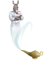 génie, âne, servir, magie, lampe d'Aladin, bleu, restauration, maitre d'hôtel, barbe blanche, présentation, sympa, oriental, mille et une nuit, content, costume, cadeau, dessin animé, drôle, joyeux, i