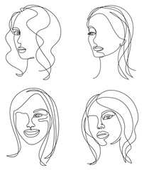 Collection. Silhouettes of the girl's head. Woman face in modern one line style. Continuous line drawing, aesthetic outline for decor, posters, stickers, logo. Vector illustration set.