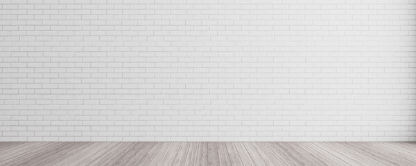 Empty room with white brick wall and wooden floor 3d render 3d illustration