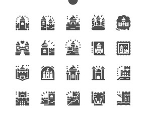Castles and fortresses. Building, architecture, medieval, ancient, kingdom, fantasy, fort, palace, fairytale, history and royal. Flying castle. Vector Solid Icons. Simple Pictogram