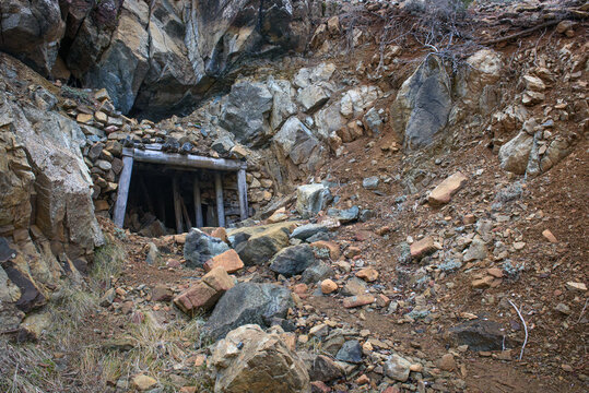 Entrance to old mine in mountains. Abandoned Hadjipavlou chromite mine in Troodos, Cyprus