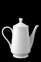 white porcelain tea ware, set details, isolate on a black background
