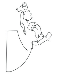 One line drawing of skater woman.
One continuous line drawing of woman riding her longboard.