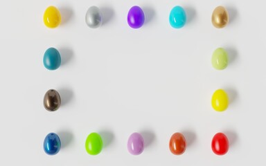 Colorful Easter eggs arranged in a rectangular shape. Spring holiday concept. 3D rendering