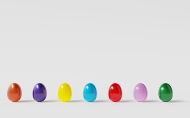 Colorful Easter eggs lined up next to each other. Spring holiday concept. 3D rendering