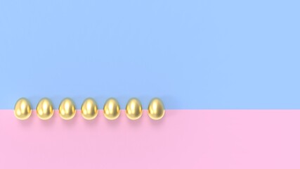 Golden Easter eggs lined up next to each other. Spring holiday concept. 3D rendering