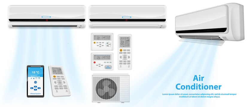 set of realistic air conditioner or split air conditioner system with remote or temperature air conditioner for office or air conditioner with mobile application control. eps 10 vector, easy to modify