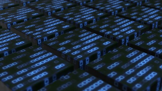 Digital blockchain concept and data transfer system. Abstract cubes background with storage cells of datta. 3d rendering 4k seamless loop