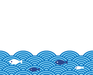 波と魚の背景イラストデザイン