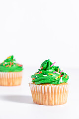Green frosted vanilla cupcake with rainbow sprinkles on a white background