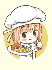 cute chef girl holding a slice of pizza. fast food logo illustration concept.