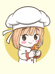 cute chef girl holding a hot dog. fast food logo illustration concept.