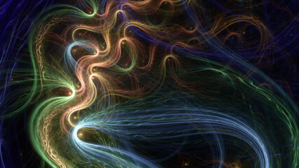 Abstract background, smooth multicolored lines on a black background.