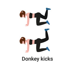 Booty or glutes workout. Donkey kick backs. Stay home and do sport. Flat vector cartoon modern illustration.