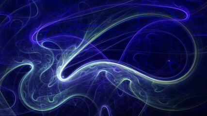 Abstract background, smooth multicolored lines on a black background.