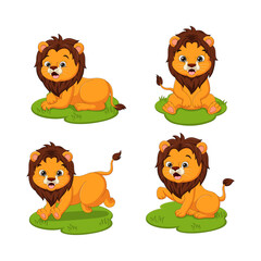 Set of cute baby lions cartoon in the grass