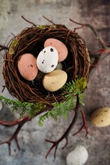 Naklejka na ściany i meble Easter background wi h Chocolate freckle eggs, selective focus