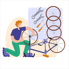 Bicycle repair. A man repairs a bicycle. The mechanic repairs the bicycle, the mechanic inflates the wheels. Web graphics, banners, advertisements, business templates.