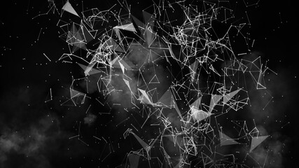 Black and White blurred abstract plexus particle effect background. Mess communication technology network background with moving lines and dots. Tech connection futuristic web concept texture.