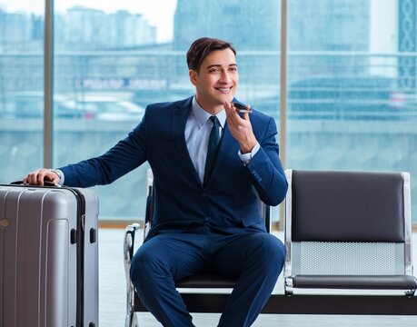 Businessman waiting at the airport for his plane in business cla
