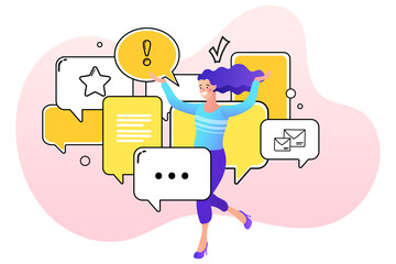 Yellow color dialog speech bubbles and woman. Template for filling. People discuss or argue. business concept for web site, app, poster, placard and ad. Vector illustration.