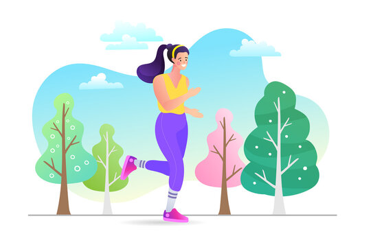 Young woman jogging in the park. Running landing page template. cardio exercising. Vector cartoon flat illustration.