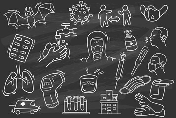 Corona virus related hand drawn doodle. Chalkboard style