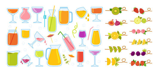 Hawaii cocktails, summer jug, jar and glass cartoon set. Strawberry Lemonade and Tea, Watermelon and Orange fresh Smoothie menu. Tropical drinks hand drawn flat design menu. Trendy vector illustration