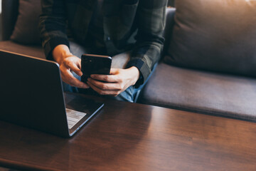 work using typing computer texting cell phone.student study education online learning.adult professional chatting on laptop,mobile contact us at Thinking business plan.connecting people concept