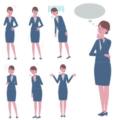 考え事をする・ネガティブな反応をする　青いスーツを着た女性のイラストセット