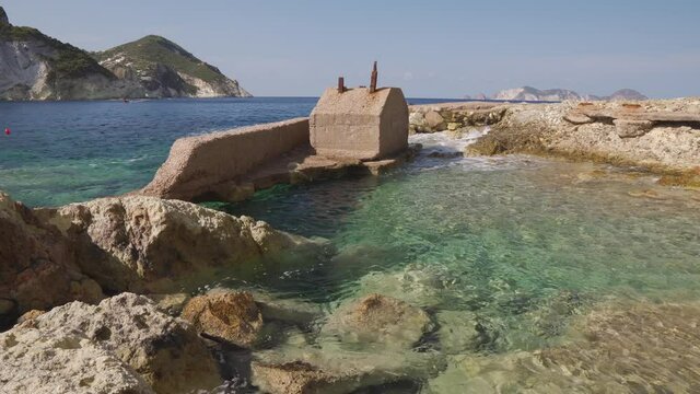 4K Video of amazing view at calm sea waves. Sunny day, calm pure Mediterranean sea, wonderful landscape, breeze. Vacations in Italy. Crystal clear water.