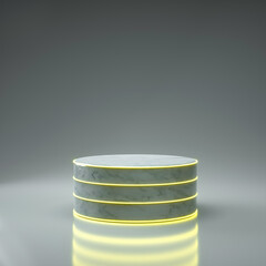 pedestal 3d and yellow light neon lamp glowing in empty interior room, cosmetics display modern and LED light, podium stage and yellow fluorescent glow light decor, pedestal circle for product place