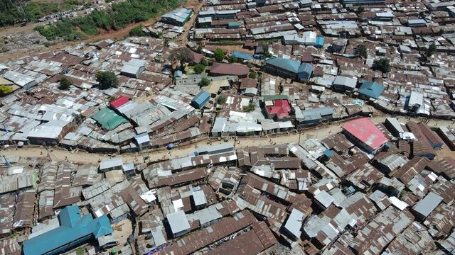 Top down aerial video of Kibera slums in Nairobi, Showing dense population