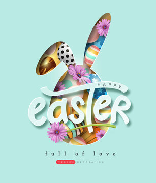 Happy easter banner background. Rabbit or bunny shape with colorful eggs and flower.