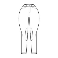 Jeans Classic Jodhpurs Denim pants technical fashion illustration with normal waist, high rise, belt loops, full lengths. Flat bottom template front, white color style. Women, men, unisex CAD mockup