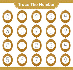 Trace the number. Tracing number with Kiwi. Educational children game, printable worksheet, vector illustration