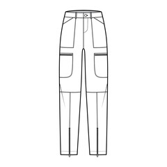 Set of Parachute pants technical fashion illustration with normal waist, rise, pockets, belt loops, full lengths. Flat bottom apparel template front, white color style. Women, men, unisex CAD mockup