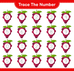 Trace the number. Tracing number with Grape. Educational children game, printable worksheet, vector illustration