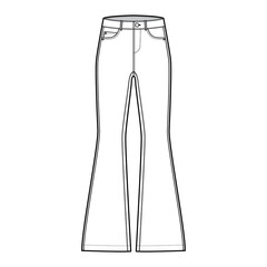 Jeans flared bottom Denim pants technical fashion illustration with full length, low waist, 5 pockets, Rivets. Flat bottom apparel template front, white, color style. Women, men, unisex CAD mockup