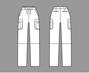 Set of Zip-off convertible pants technical fashion illustration with normal waist, high rise, cargo jetted pockets, belt loops. Flat template front back, white color style. Women men unisex CAD mockup