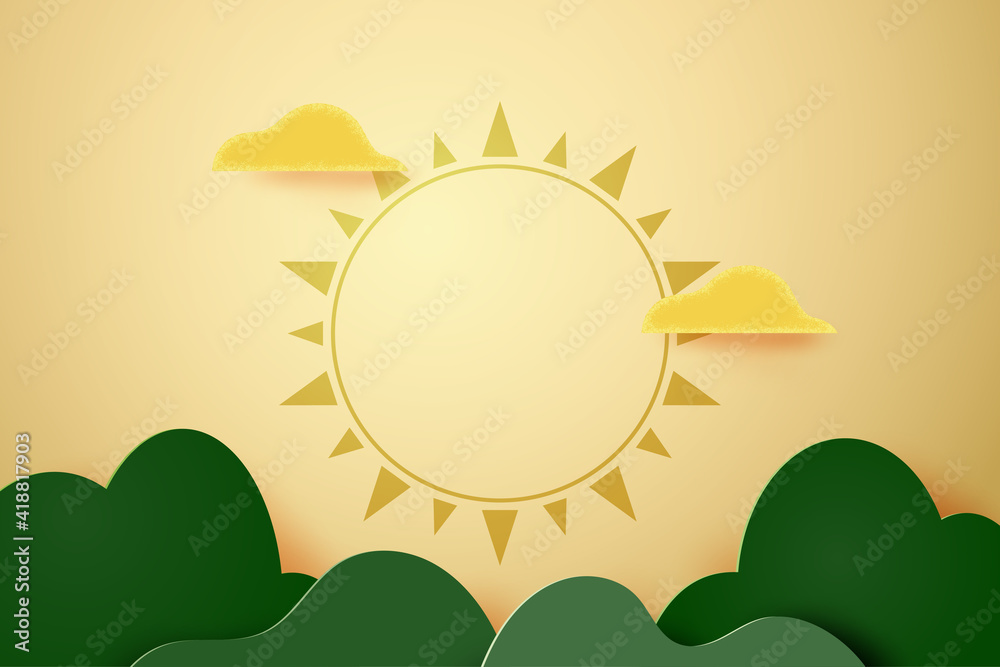 Poster 3d paper cut abstract template background.green wavy mountains geometrics shape with clouds and sun.