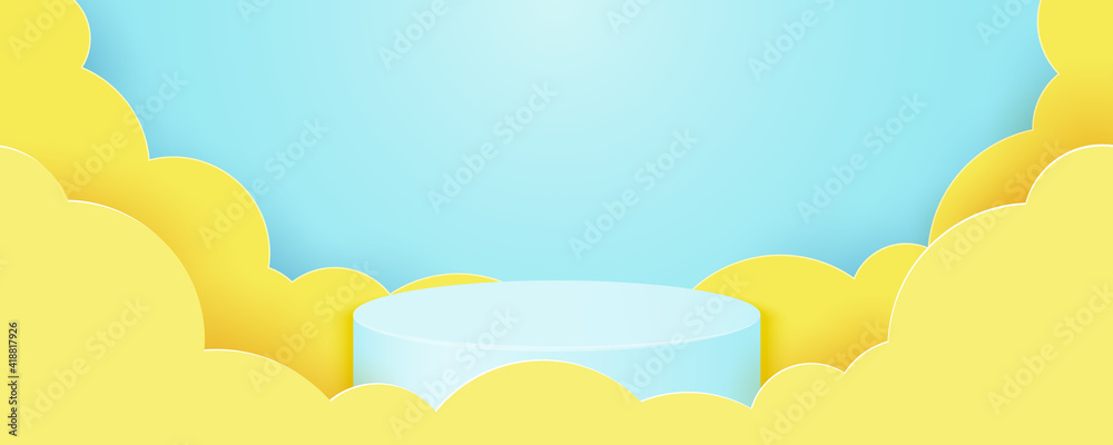 Poster cylinder podium in sky blue background. abstract minimal scene with geometric shape of yellow clouds