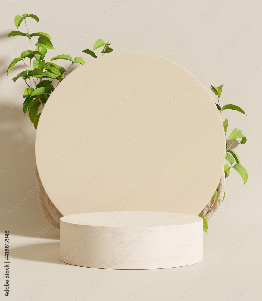 Wall mural product display podium with nature leaves on brown background. 3d rendering