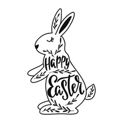 Happy Easter greeting card with silhouette of bunny, rabbit.