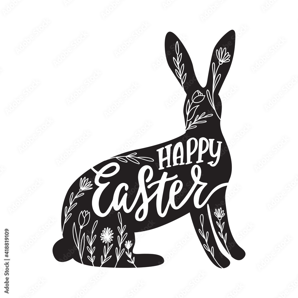 Wall mural Happy Easter greeting card with silhouette of bunny, rabbit.