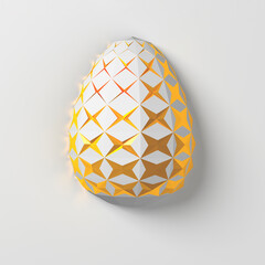 Easter concept. One single white golden egg with geometric original changing patterns on the surface on a white background. Square composition. 3d illustration