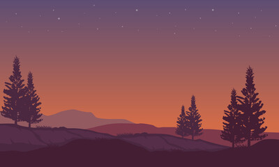 Incredible views over the countryside at sunset with mountains and cypress trees all around. Vector illustration