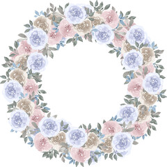 Fototapeta na wymiar Delicate roses wreath with copy space for text. Blooming muted pink, blue, gray watercolor flowers for design of business cards, wedding invitations, greeting card, sticker, price tag