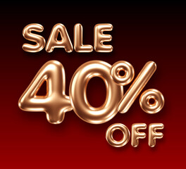 3d golden 40 percent discount sign on dark red background. Sale banner template