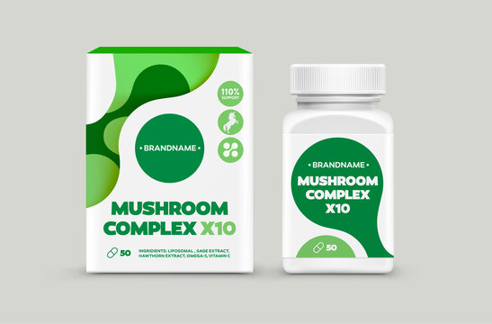 Supplement Food Package Design Template. Private Label Healthy Food Package Design Mockup. Box and Bottle Jar Packaging Sticker Mushroom Complex Organic Healthy Supplement Design Template.
